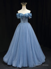 A-line Blue Tulle Off the Shoulder Beading Pleats Prom Dress